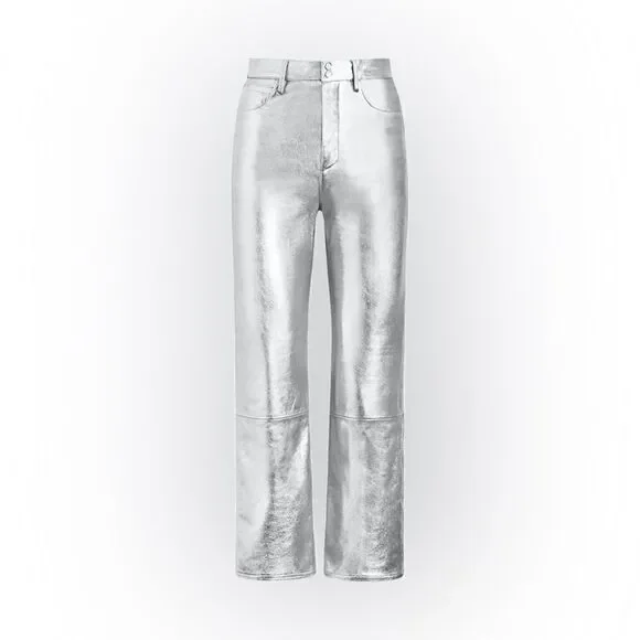 The Mighty Company The Queensway Lamb Leather Silver Pants Straight Leg Size 12 - Picture 3 of 13